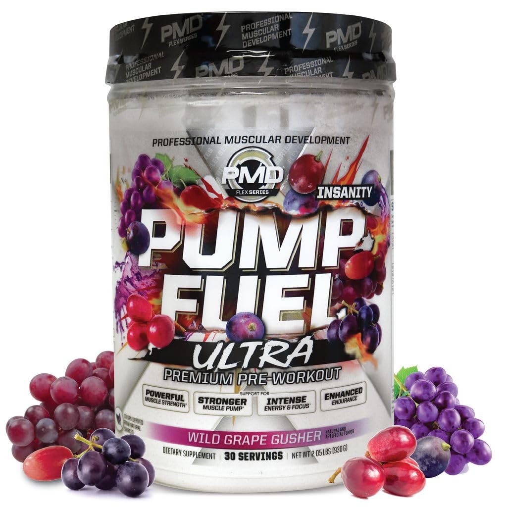 PMD Sports Pump Fuel Ultra Insanity, Ultimate Pre Workout & Muscle Pump, Maximum Strength Energy, Focus, Endurance & Recovery, Creatine & Beta Alanine, Wild Grape Gusher, 30 Servings
