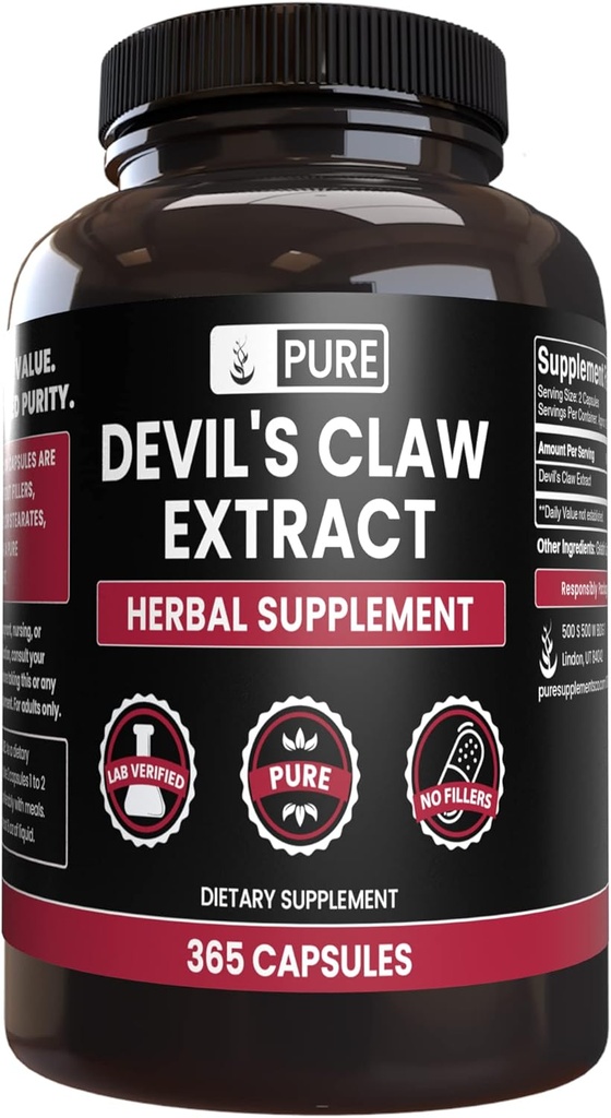 Pure Original Ingredienser Devil 's Claw (365 kapsler) Ingen Magnesium eller ris Fyldere, Altid Pure, Lab Verified