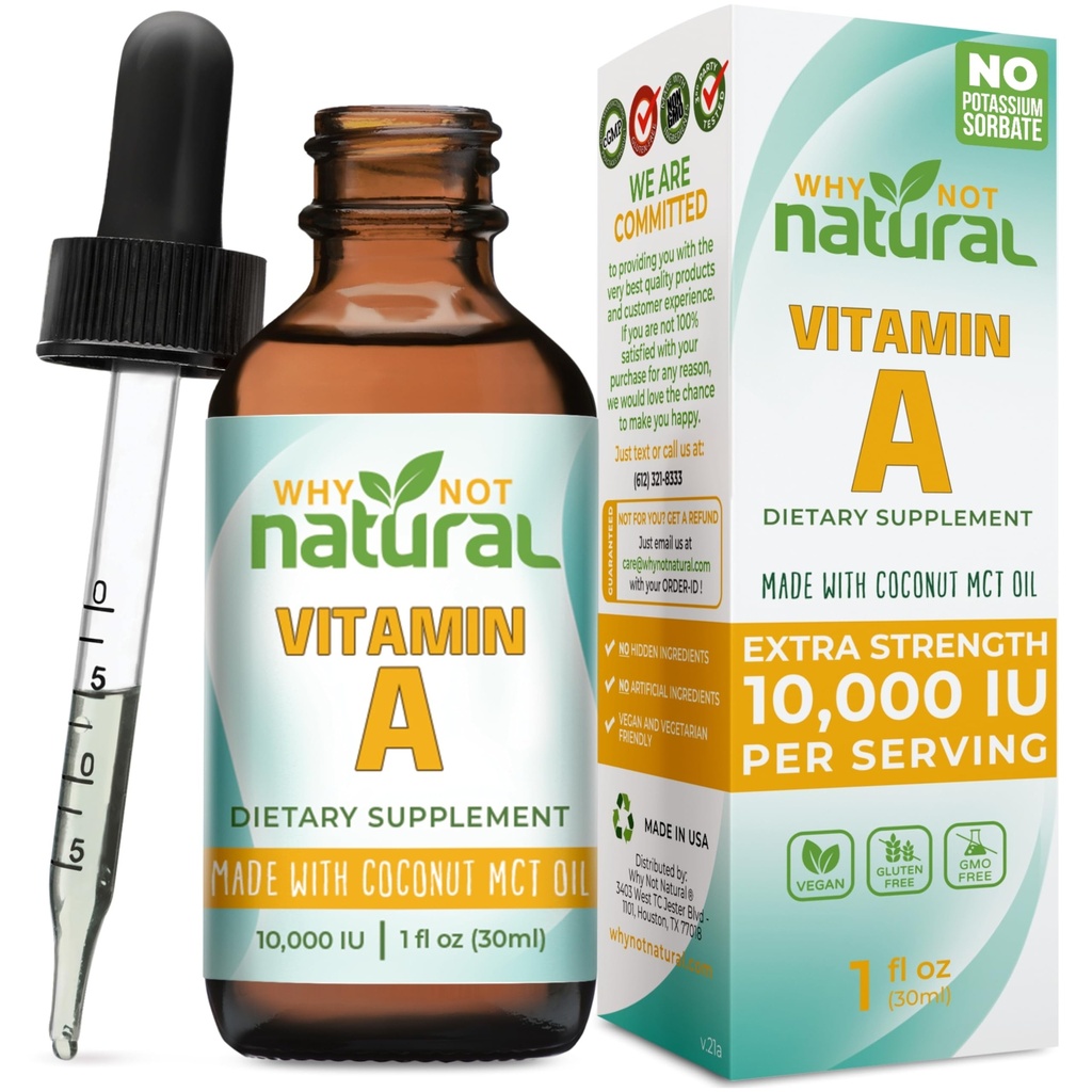 Hvorfor ikke naturlige vitamin A dråber 10000 IE - flydende retinyl palmitat med kokos MCT olie, Vegan VIT A supplement til hud - 1 oz sublingual tincture