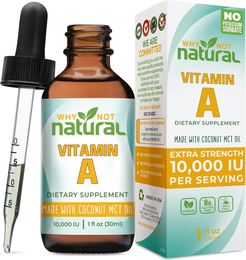 Why Not Natural Vitamin A Drops 10000 IU - Liquid retinyl Palmitate with Coconut MCT Oil, Vegan VIT A Supplement for Skin - 1 oz sublingual Tincture