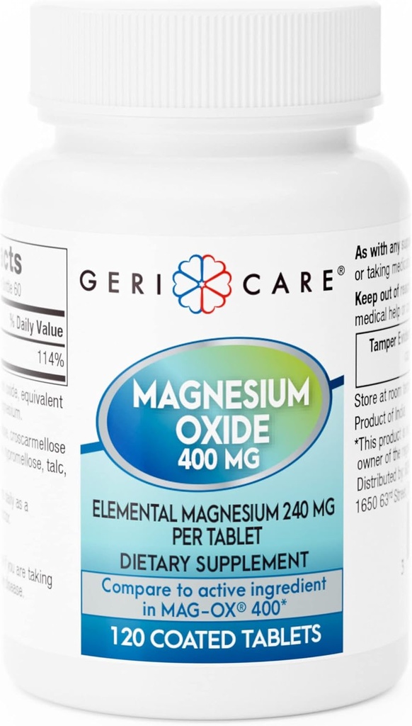 GeriCare Magnesiumoxid Supplement 240 mg - Elementær Magnesium, 120 overtrukne tabletter - Essential Mineral Support - fremmer vaskulær sundhed, Knoglestyrke og muskelfunktion (pakning med 1)