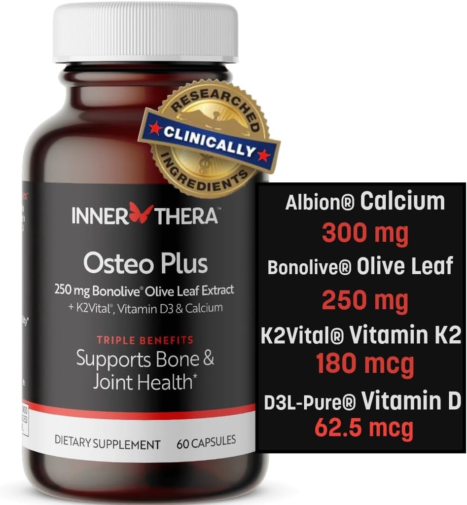 Osteo Plus 4- in-1 Samlet tillæg - Calcium med vitamin D3, K2 og Bonolive - Understøtter sund aldring - Gluten- fri, Non- GMO, Vegan (60 Greve)