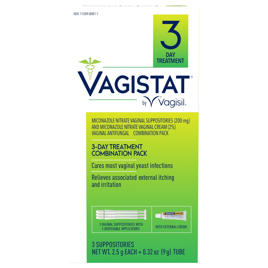 Vagisel Vagistat 3 Dag Gær Infektion Behandling for kvinder, Relieves Ekstern Kløe og Irritation - 2% Ekstern Miconazol Nitrat Cream, 3 Disponible Supposities & Appliators (Pack of 1)