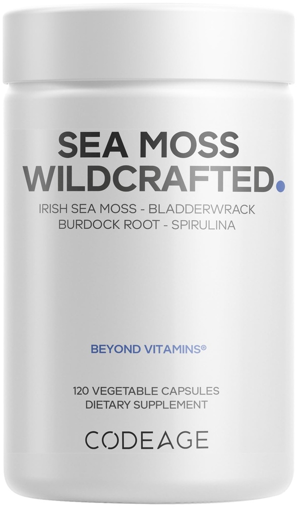 Codeage Raw Wildcrafted Irish Sea Moss Supplement, Spirulina Alger, Bladderwrack Seaweed, Burdock Root, Black Pepper, Vegan, Non- GMO, 120 Kapsler