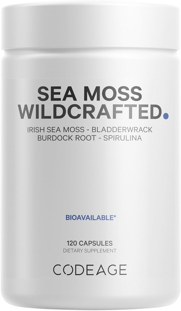 Codeage Raw Wildcrafted Irish Sea Moss Supplement, Spirulina Alger, Bladderwrack Seaweed, Burdock Root, Black Pepper, Vegan, Non- GMO, 120 Kapsler