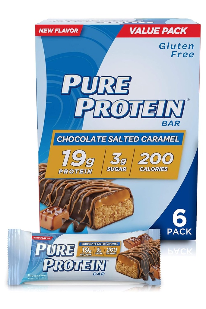 Pure Protein Barer, Høj Protein, Ernæringsrige Snacks til at støtte energi, Lavsukker, Gluten Free, Chokolade Saltet Caramel, 1.76oz, 4 Pack