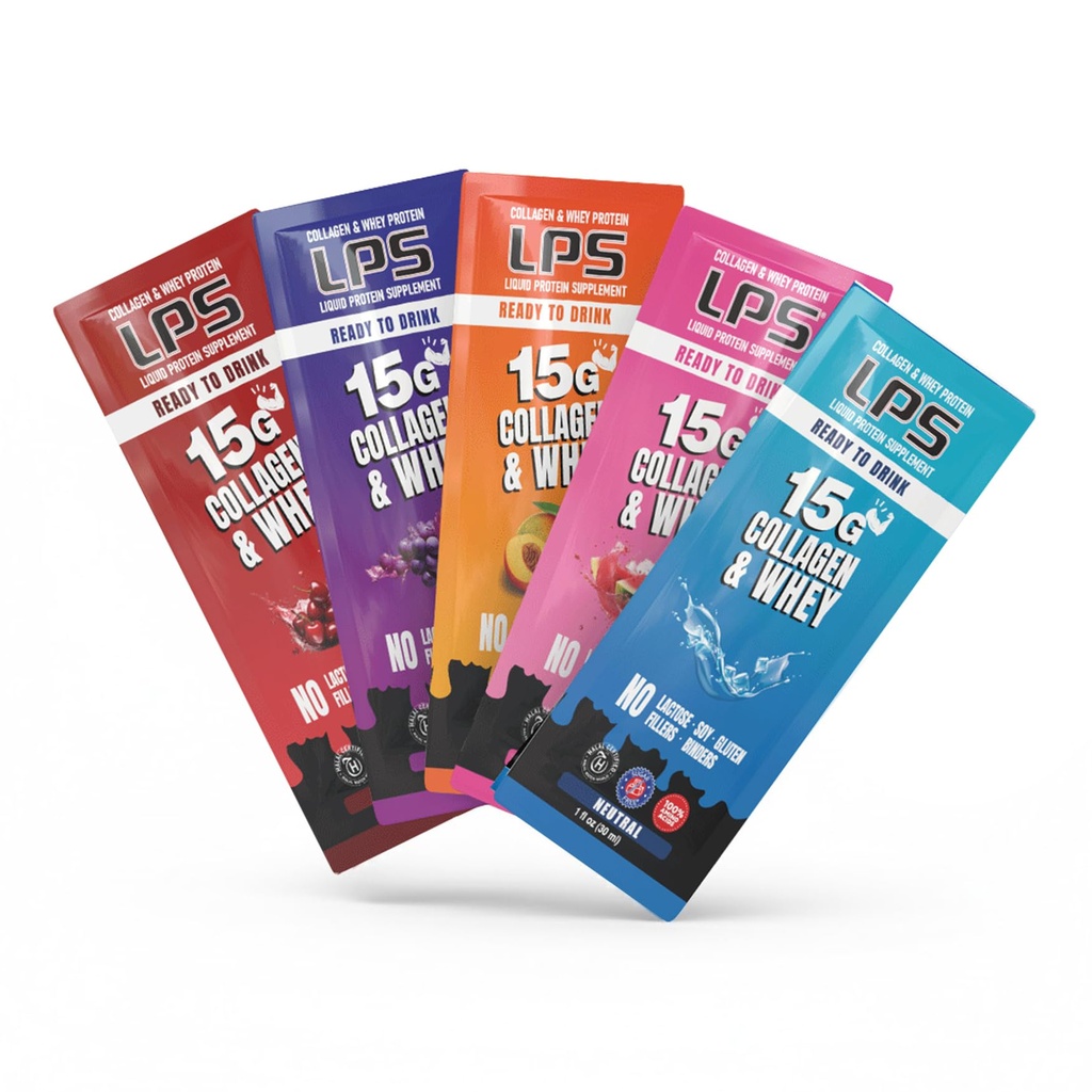 Ernæringsmæssige designs LPS Flydende Collagen & Whey Protein Supplement - Non-GMO drik, sukkerfri - fremmer sund hud & hår til mænd og kvinder, Single Serve (Variety Box, 30)