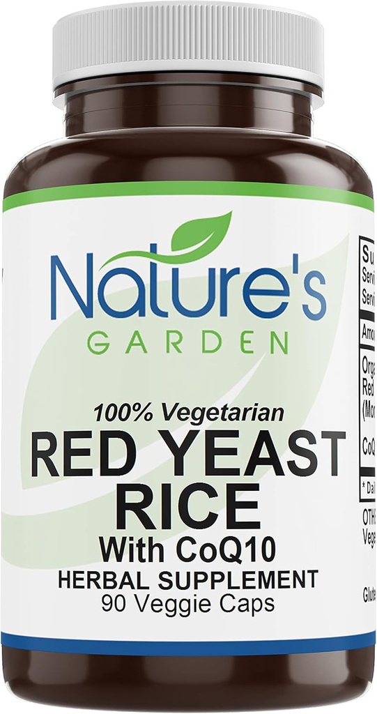 NATUR 'S GARDEN VÆSENTLIGE Rød Gær Rice Økologisk med CoQ10- 90 Veggie Caps med 600mg Økologisk Rød Rice Gær Plus Co Q 10 - Natures Support til Cholesterol