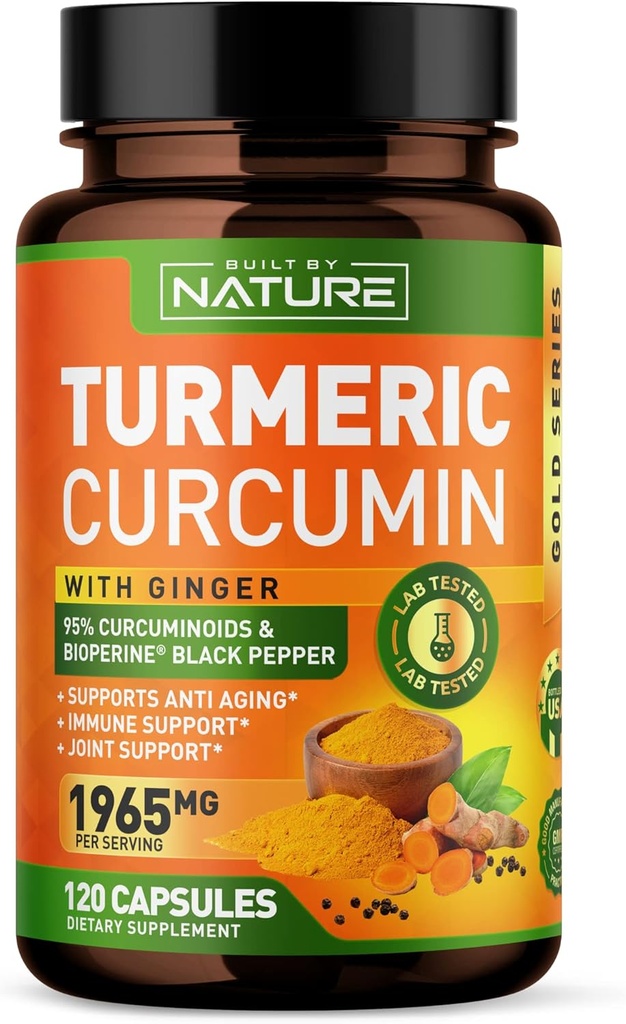 Gurkemeje 1965mg med Ginger & BioPerine Black Pepper Extract - Høj Absorption 95% Curcuminoider til Joint & Antioxidant Support - Non- GMO, Gluten- Free, Vegan - 120 Urtekapsler