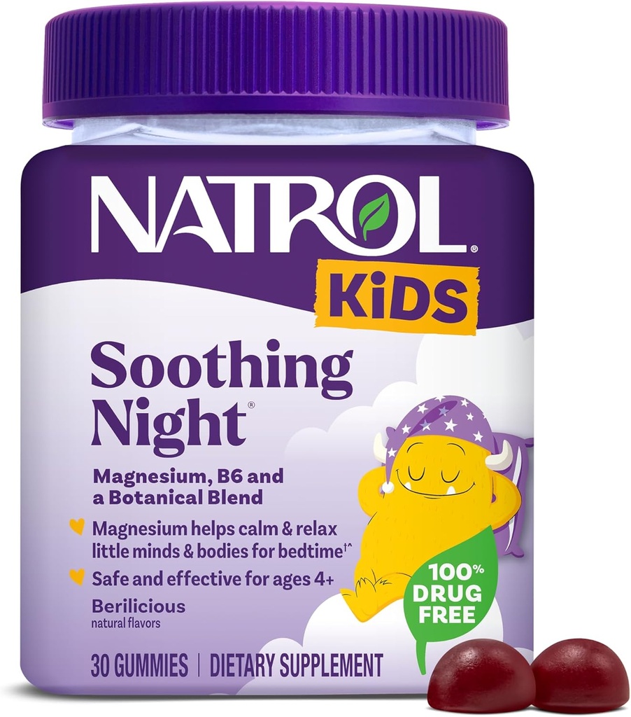 Natrol Kids beroligende nat Magnesium Citrate Gummies, Hjælper med at slappe af Lille Minds & Kroppe til Sengetid for dem lav i Magnesium, Plus Vitamin B6 understøtter Brain Funktion, 30 Berilicious Gummies