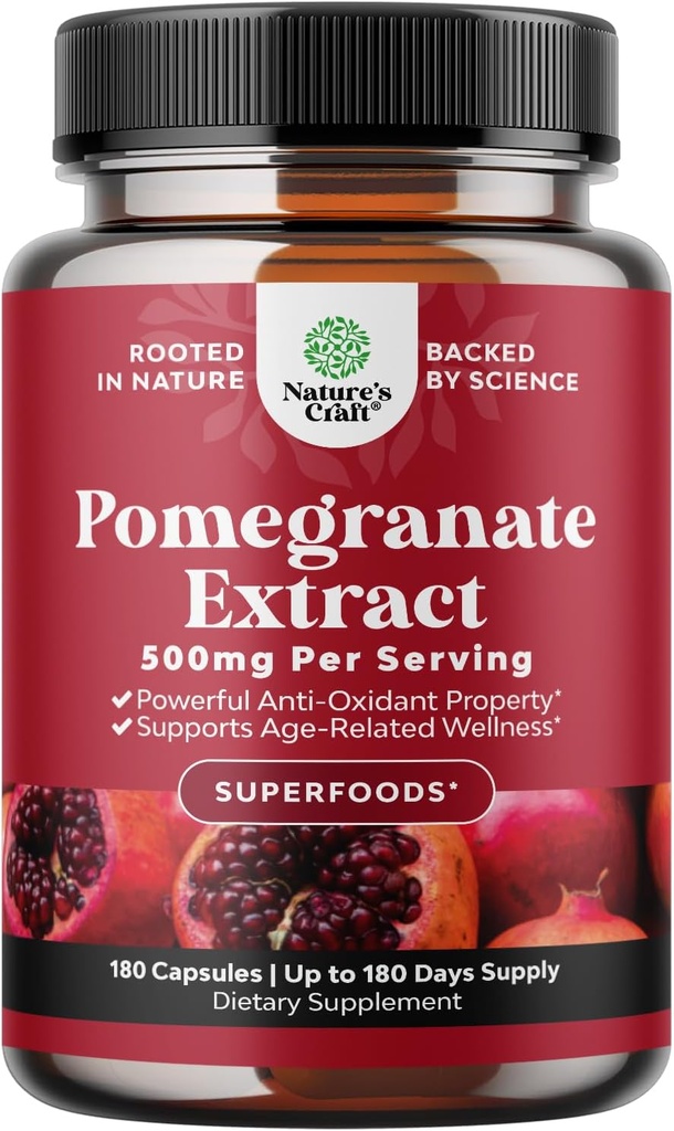 Avanceret antioxidant Superfood Pomegranate Supplement - Natural Pomegranate Extract Polyphenols Supplement for Heart Health og fælles støtte - Red Superfood Powder Kapsler til mænd og kvinder 180ct