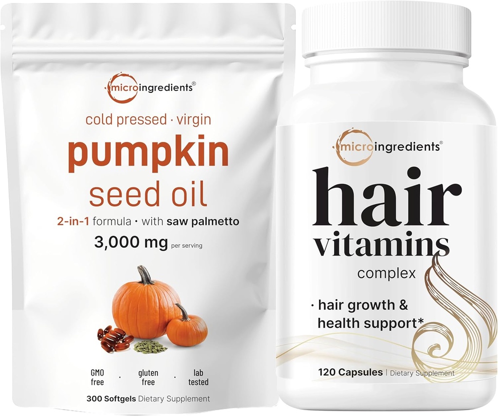 Micro Ingredients Pumpkin Seed Oil med Saw Palmetto 3.000mg Softgels & Hår Vitaminer Complex Kapsler 124; 2 Pack Bundle Buddy 124; Cold Pressed Virgin Oil