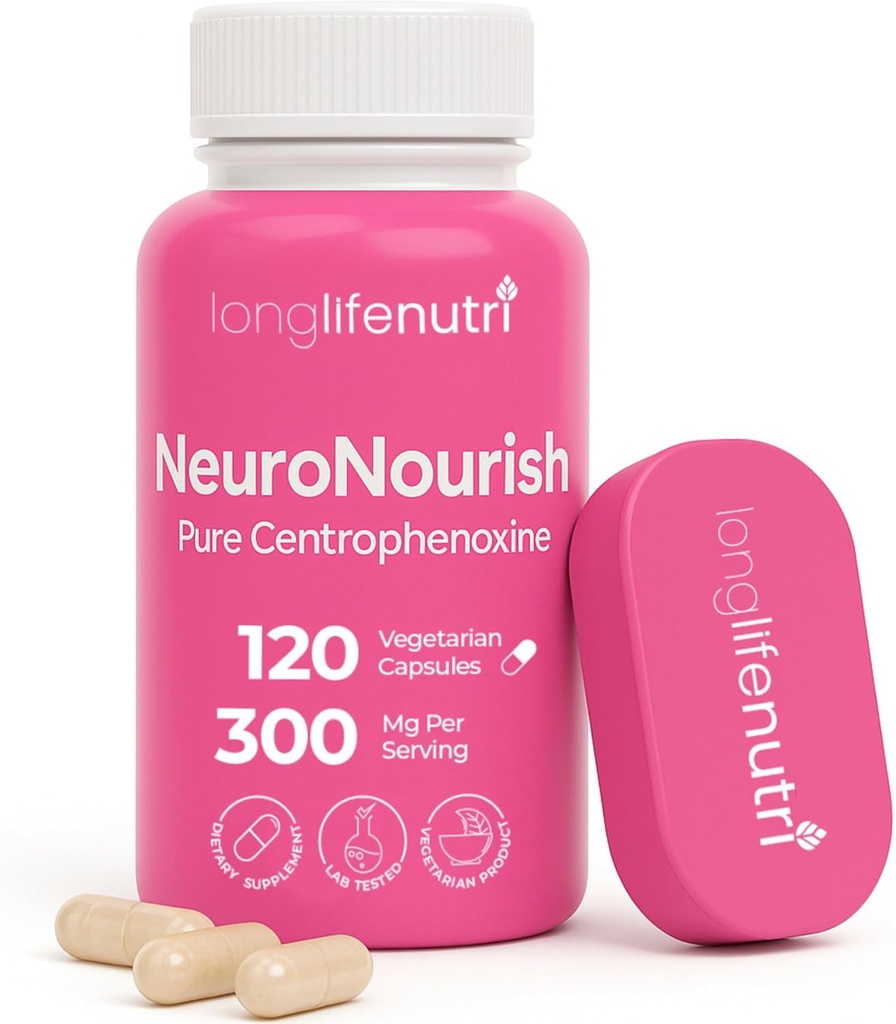 NeuroNourish (Centrophenoxin) 300mg - DMAE & pCPA, 120 Vegetariske Kapsler, 4-måned Supply, Natural Nootrop til styrkelse af hukommelse, fokus, & kognitiv funktion, GMP Certificeret, Made in USA