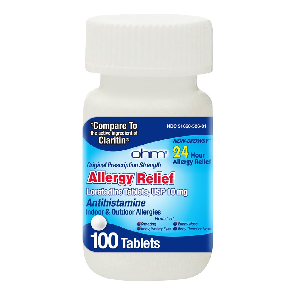 Ohm Allergi piller - Loratadin Allergi 24 timers Ikke Drowsy Relief for sæsonbetinget allergi, nysen - Loratamin 10 mg Antihistamin for effektiv Non- Drowsy 24- Hour Symptomer Relief - 100 Tæl