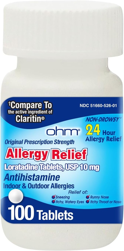 Ohm Allergi piller - Loratadin Allergi 24 timers Ikke Drowsy Relief for sæsonbetinget allergi, nysen - Loratamin 10 mg Antihistamin for effektiv Non- Drowsy 24- Hour Symptomer Relief - 100 Tæl