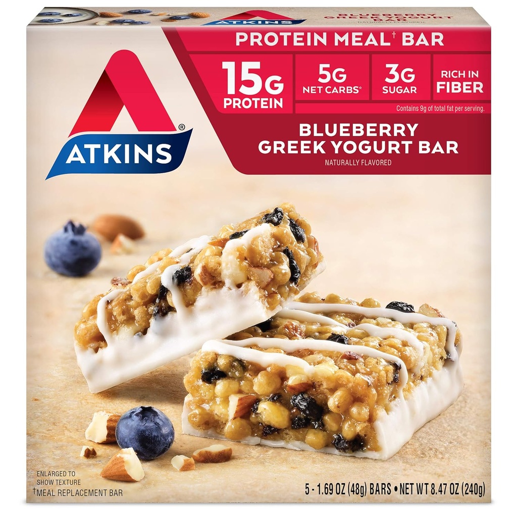 Askins Blåbær Græsk Yogurt Protein Meal Bar, High Fiber, 15g Protein, 3g Sukker, 5g Net Carbs, Meal Erstatning, Keto Friendly, 5 Greve