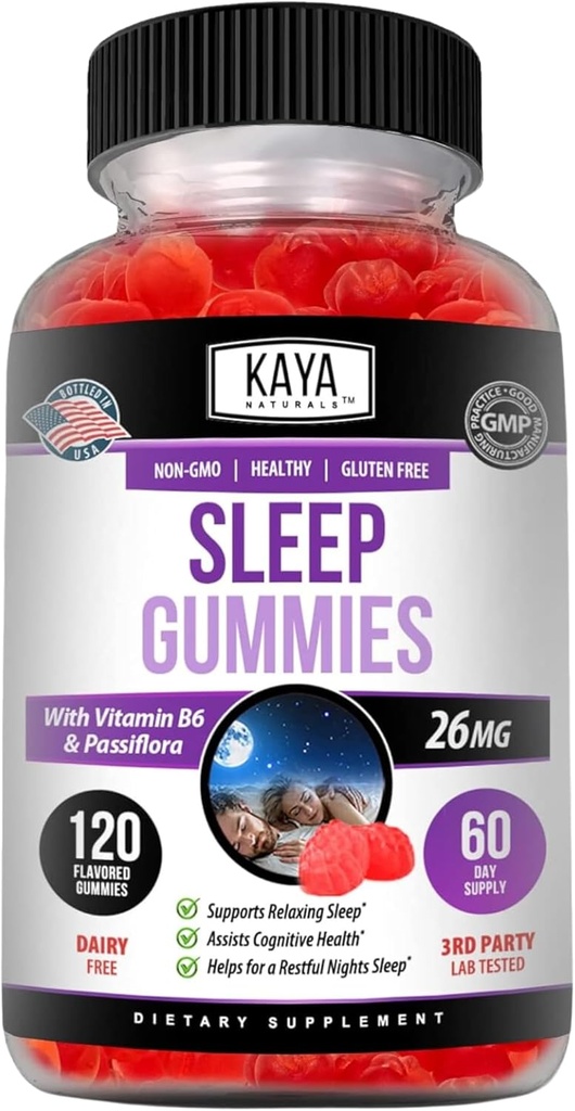 Kaya Naturals Sleep Gummies (26mg) - Sundhedstillæg og sovestøtte til voksne - Vitamin B6 og Melatonin Gummies - Gummy Vitamin til kvinder og mænd - 120 Tæl