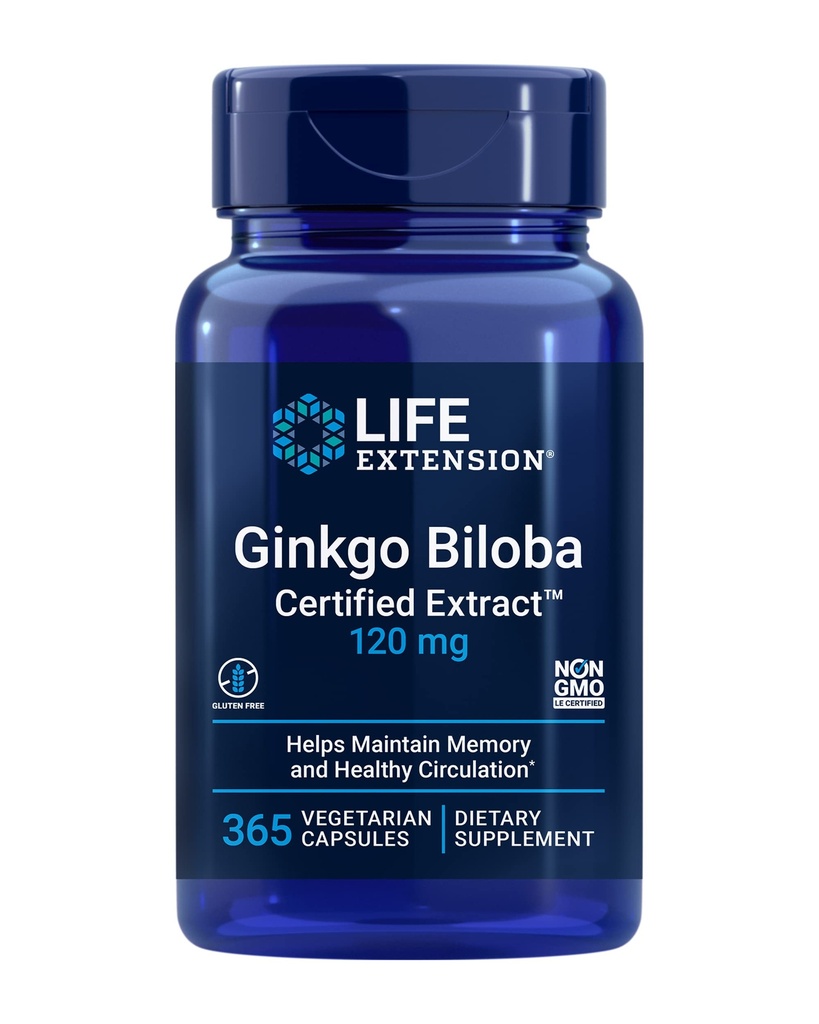 Life Extension Ginkgo Biloba Certified Extract ™, 120 mg, Hjælper Opretholde hukommelse & kognition, Gluten- Free, Non- GMO, Vegetar, 365 kapsler