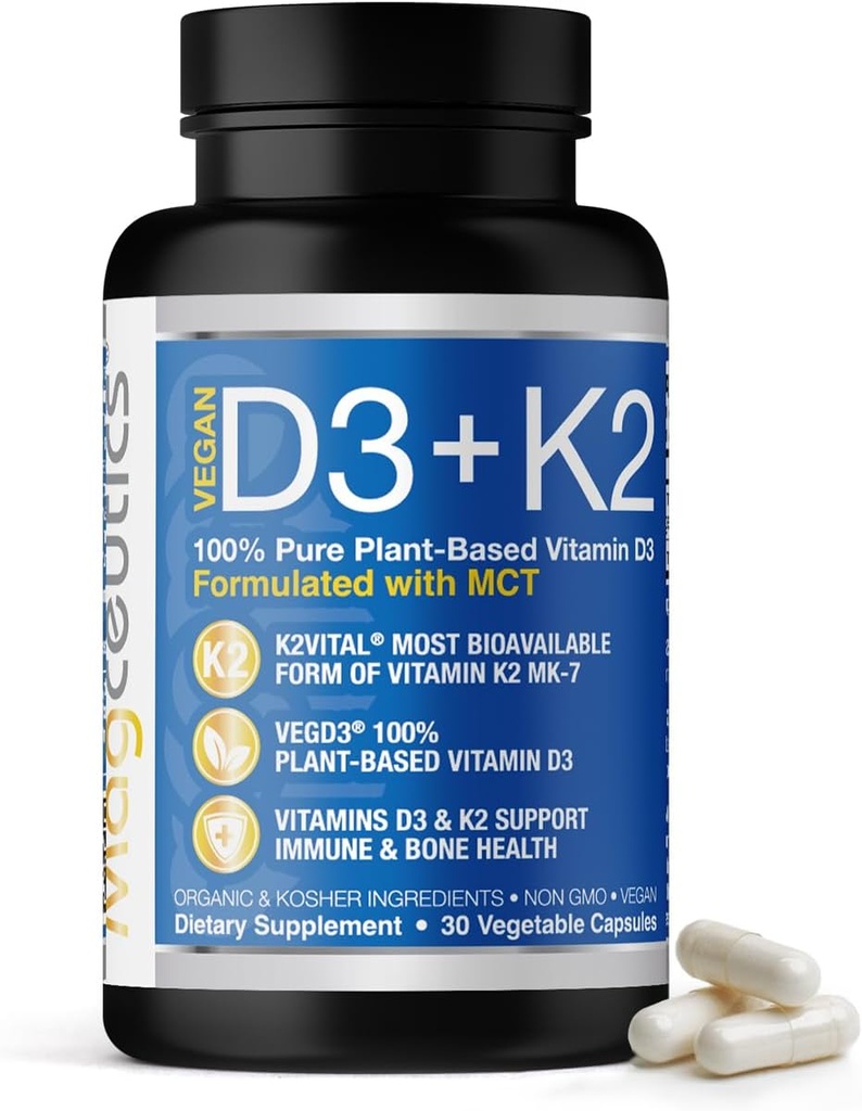 D3- vitamin K2 med MCT, 5000 IE Vegan D3 & 100 mcg MK7 K2, Support Strong Bones and immun Health - 30 kapsler (30 dages forsyning)