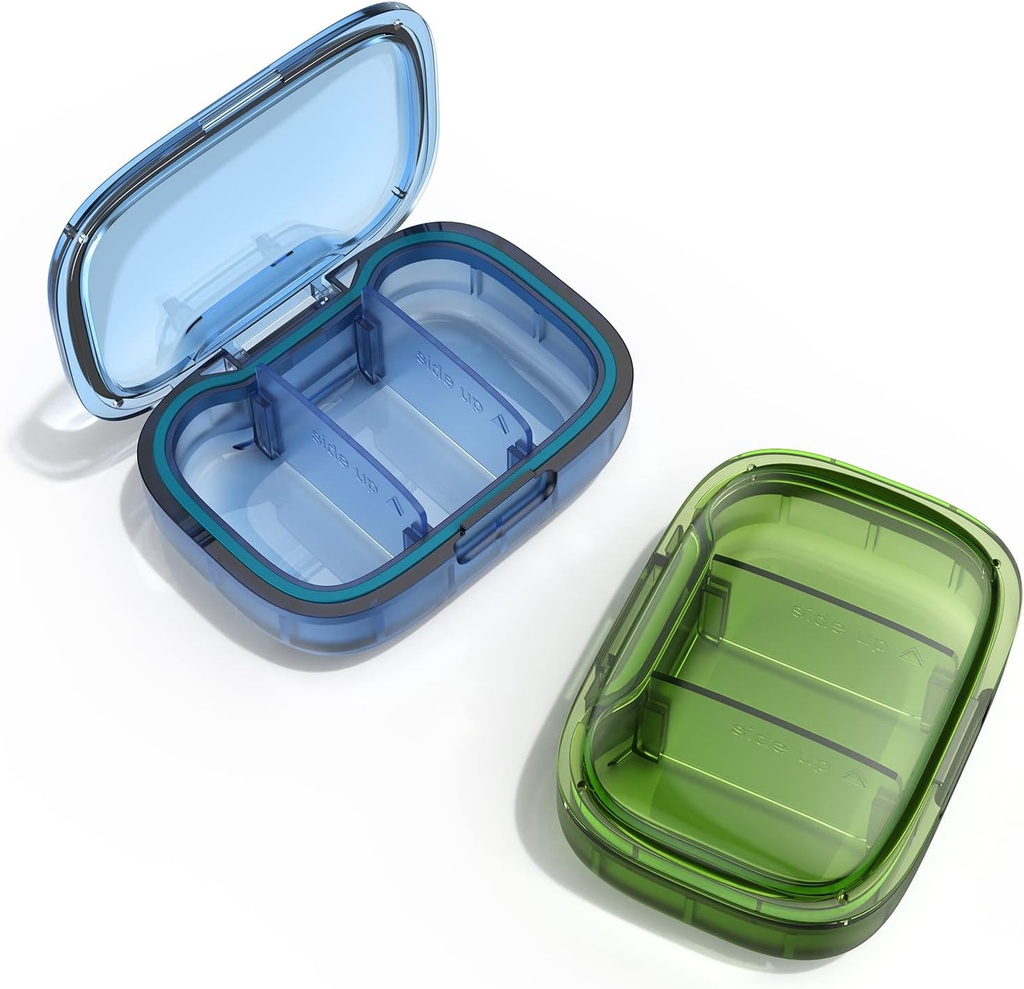 2 Pack 3 Segment Lille Pill Box, Fugt Bevis sag, Rejseorganisation for Pocket Purse, Daglig Portable Medicine Vitamin Container, Fish Oil og Supplement Opbevaring
