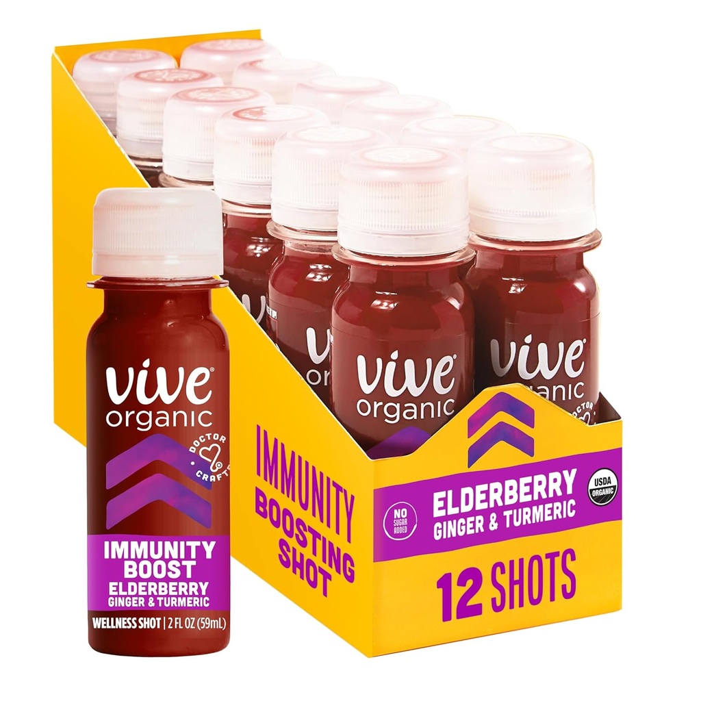 Vive Organic Immunsupport Elderberry Shot, Cold- Pressed Gurkemeje & Ingefær, Gluten Free, Vegan, Immunity Boost Elderberry, 2 Fl Oz (Pack of 12)