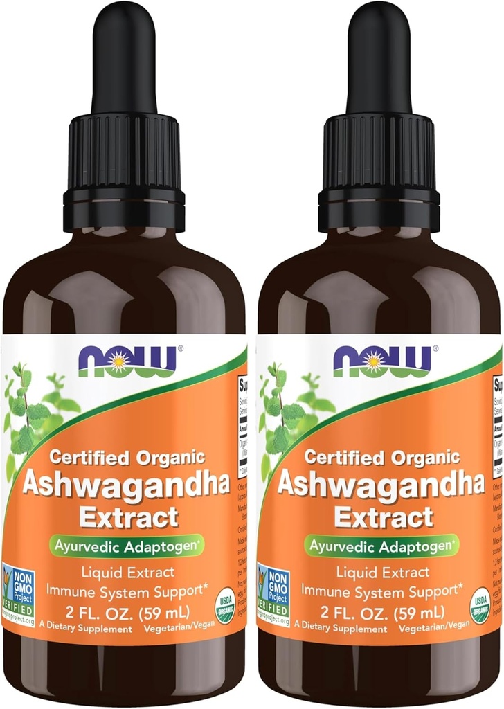 Now Supplements, Ashwagandha Liquid Extract, Organic, Immunsystem Support, 2 Fluid Ounces (pakke med 2)
