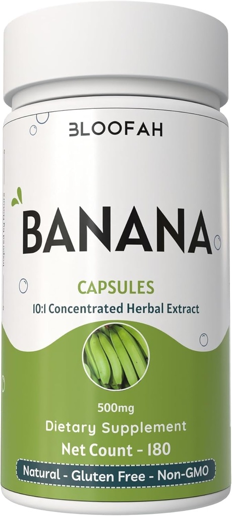 Banankapsler 500 mg 12, koncentreret 10: 1 ekstrakt 124; Musa paradisiaca 124; Natural Herbal Support 124; Non- GMO, Gluten- Free, No Fillers or Additives (180 Count (Pack of 1))