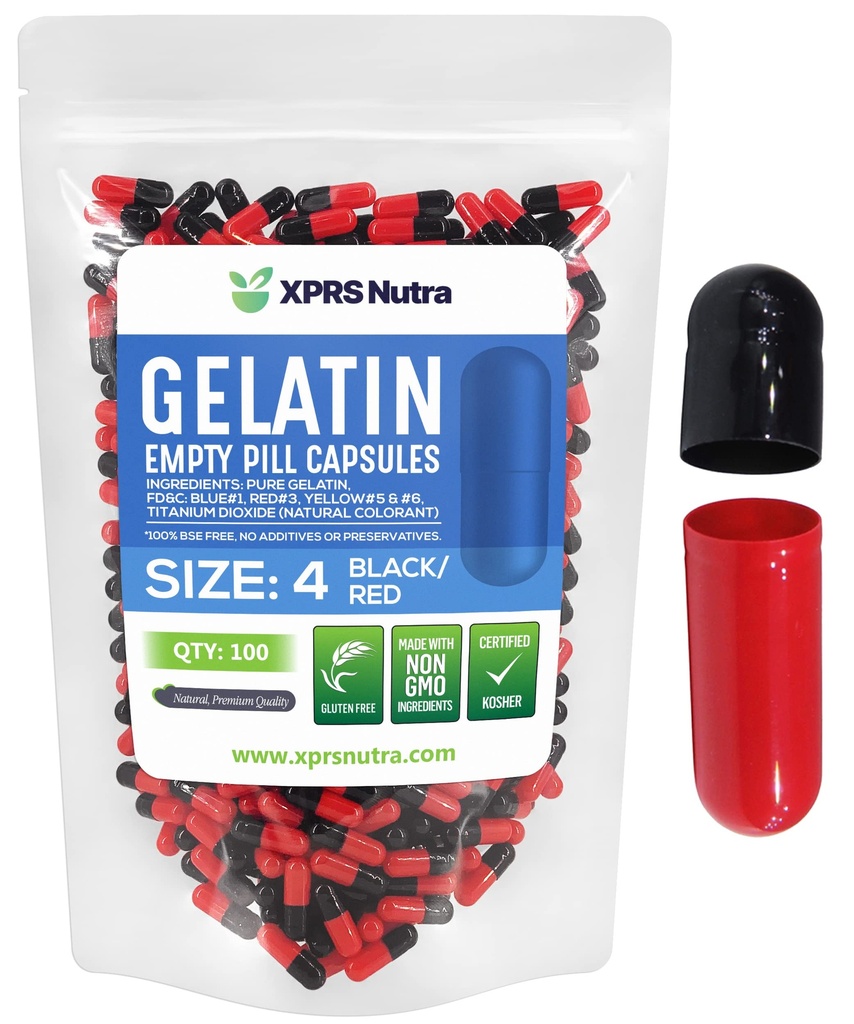 XPRS Nutra Størrelse 4 Tomme kapsler - 100 Tomme Tomme Gelatine kapsler - Piller gør det selv Capsule Fyldning - Fyldelig Pure Bovin Pill Gel Caps til Do- It- Yourself Kosttilskud (sort / rød)