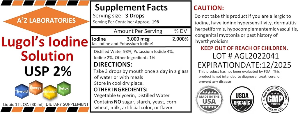 2 x 1 OZ Pack A2Z Organic Lugol 's Jod and Kalium Iodide 2% Opløsning 3000 mcg - Flydende supplement Drops til skjoldbruskkirtlen Støtte til kvinder & mænd, Metabolisme Sundhed, Detox Boost - 2 x 1 Fl Oz / USA