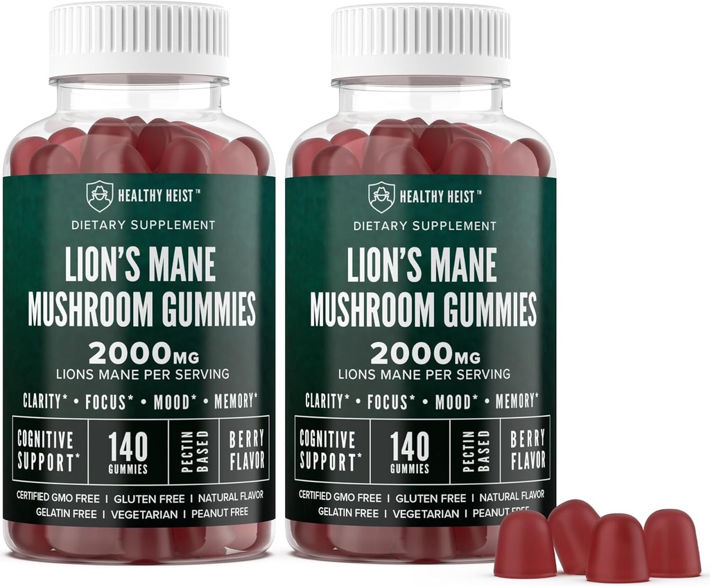 Lions Mane Mushroom Gumier for voksne, 280 Count Bulk Lions Mane Chewables, High Potency 10: 1 Organic Extract beløber sig til 2000mg, Support Supports Mental Clarity, Focus, Mood og Brain Fog, 2 Pack