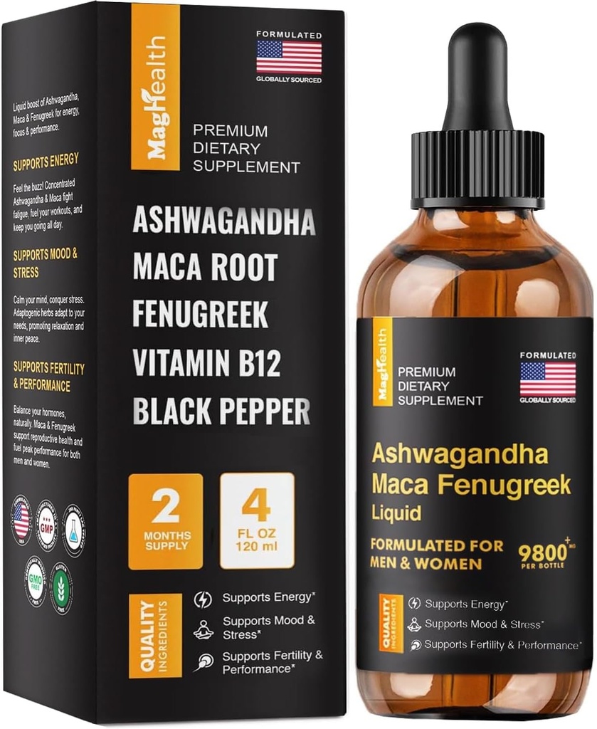 Maca Root Liquid Drops med Ashwagandha og Fenugreek - 60 dages servering - Fokus, energi og ydeevne - Flydende Multivitamin for kvinder og mænd - Adapto Drive, Vegan Drops