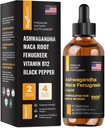 Maca Root Liquid Drops med Ashwagandha og Fenugreek - 60 dages servering - Fokus, energi og ydeevne - Flydende Multivitamin for kvinder og mænd - Adapto Drive, Vegan Drops