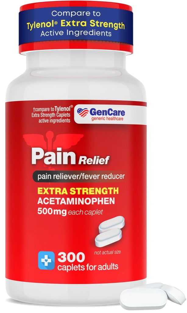 GenCare - Acetaminophen 500 mg ekstra styrke smertelindring (300 kapsler) - Multi symptom smertelindring for hovedpine, Sinus, Gigt, Rygsmerter Muskelache, Tandpine, Feber Reducer, Migræne