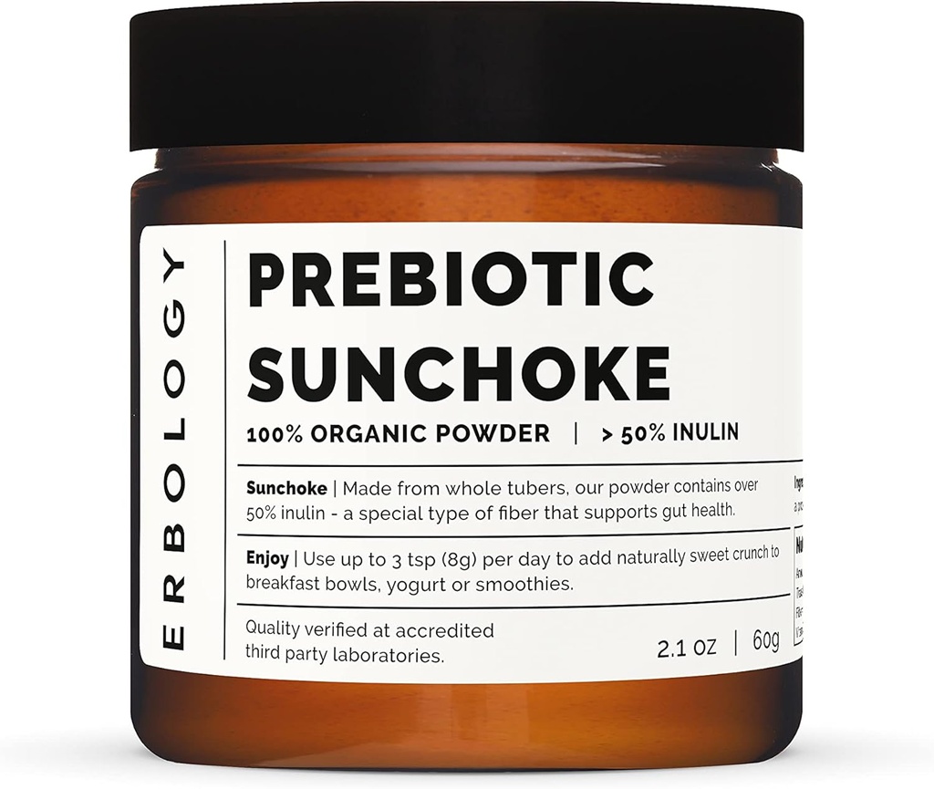 Erbologi Organic Sunchoke Powder 2.1 oz - 30 Servering - 50% Prebiotic Inulin Fiber - Understøtter Gut Sundhed og fremmer Diverse Microbiome - Feed Good Bacteria - Vegan - Gluten- Free - GMO- Free