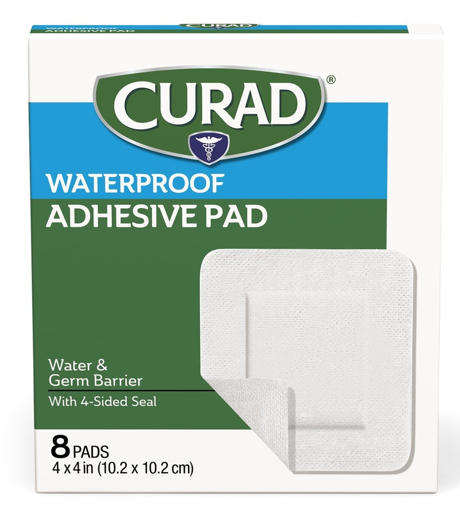 CURAD White Waterproof Adhesive Pads, 4 "x 4", Advanced Wound Care, 1 Box, 8 Greve