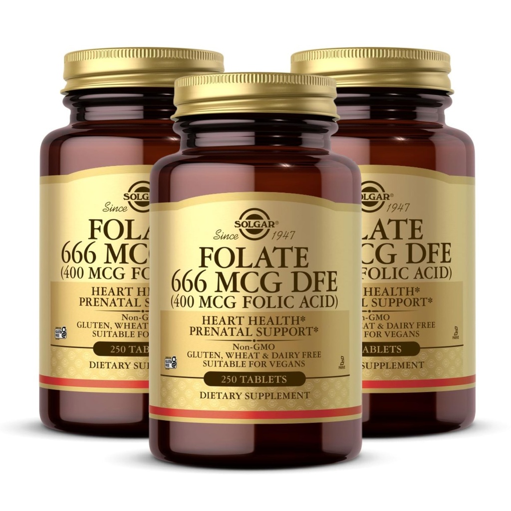 Solgar Folate 666 mcg DFE (Folinsyre 400 mcg) - 250 tabletter, Pack af 3 - Prenatal Support - Non- GMO, Vegan, Gluten Free, Dairy Free, Kosher - 750 Total Servering