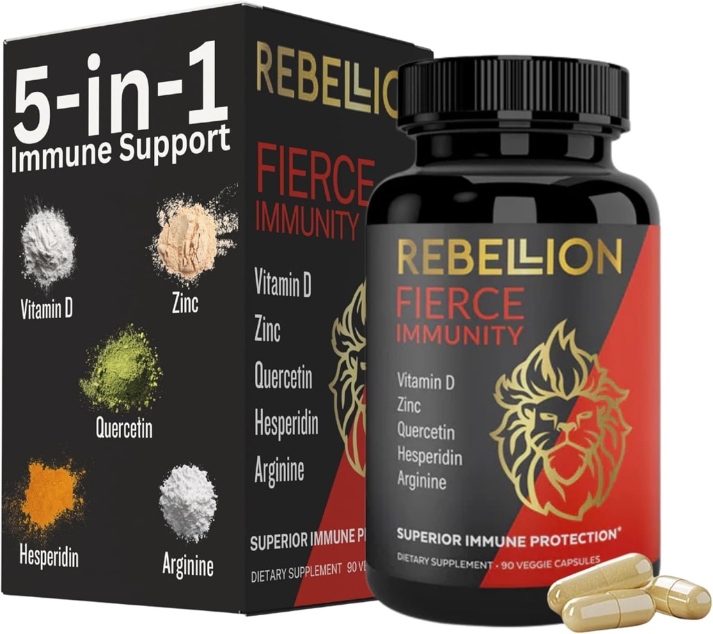5-in-1 Fierce Immunity Supplement, Immunity Support og boostere til voksne, C-vitamin, Quercetin, D-vitamin, Zink, L-arginin, Hesperidin, Immunity Support, 90 Kapsler (1 måned Tilgang)