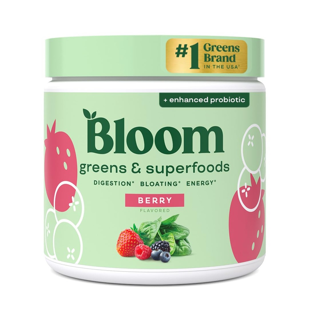 Bloom Nutrition Superfood Green Powder, fordøjelsesenzymer med Probiotika og Prebiotika, Gut Health, Bloating Relief for Women, Chlorella, Green Juice Mix med Beet Root Powder, 30 SVG, Berry