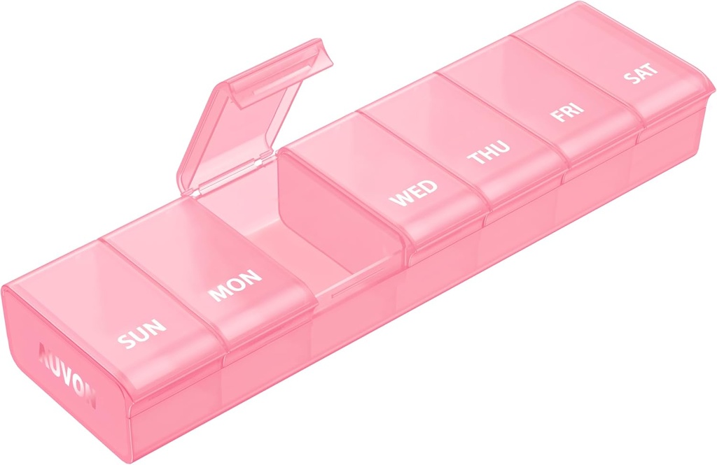 AUVON Pink XL Weekly Pill Organizer med Efformless Åbning Design, Gigt Friendly Pill Box, BPA- Free Pill Organizer 7 Dag, Cute & Portable Pill Case for Vitaminer, Kosttilskud og Medicin