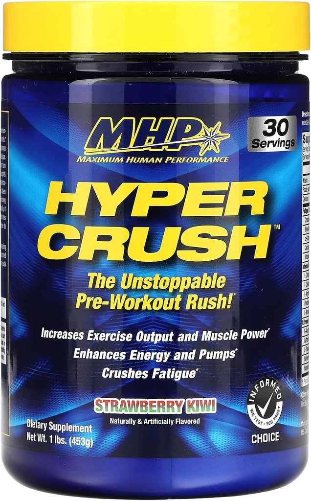 Maximum Human Performance Hyper Crush Pre Workout Powder, Increases Energy, Muscle Pumps, Power, Fights Fatigue, creatine, beta Alanine, Nitric Oxide, citrulline, AKG, Strawberry Kiwi, 30 Servings