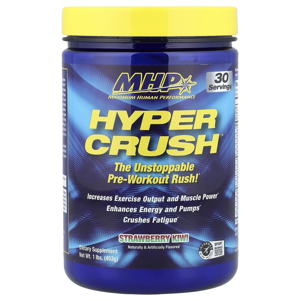 Maximum Human Performance Hyper Crush Pre Workout Powder, Increases Energy, Muscle Pumps, Power, Fights Fatigue, creatine, beta Alanine, Nitric Oxide, citrulline, AKG, Strawberry Kiwi, 30 Servings