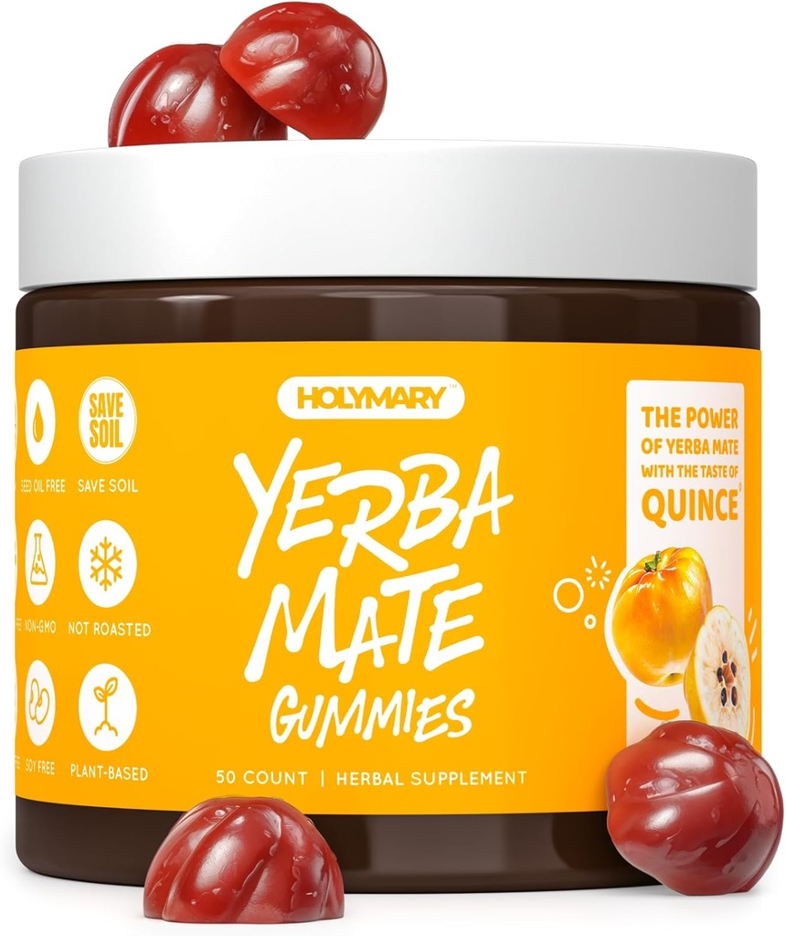 HOLYMARY Yerba Mate Gummies, Quince - Made with Organic, Uristede Yerba Mate. Fri for tilsat koffein. Vegansk, ikke-GMO, Glutenfri, Kosher. 50 lækre supplement Gummies