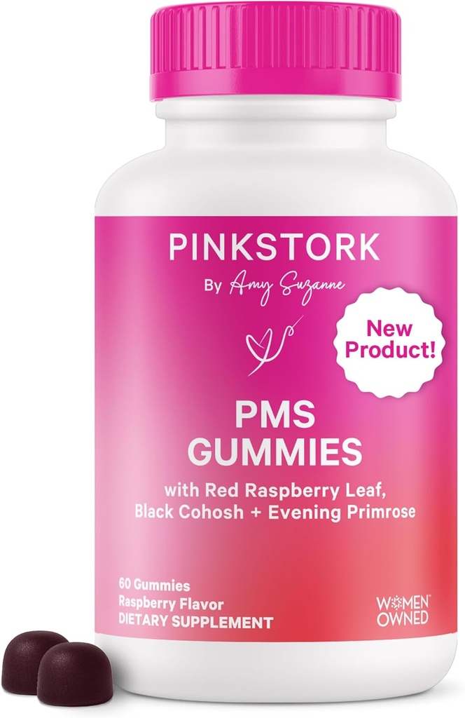 Pink Stork PMS Support Gummies for Women - Rød Raspberry Leaf, Sort Cohosh, Aften Primrose Oil - Bloating, Cravings, Hud, Mood - Hormonal Cycle Support - 60 Berry Gummies - Vegan, Plant- baseret