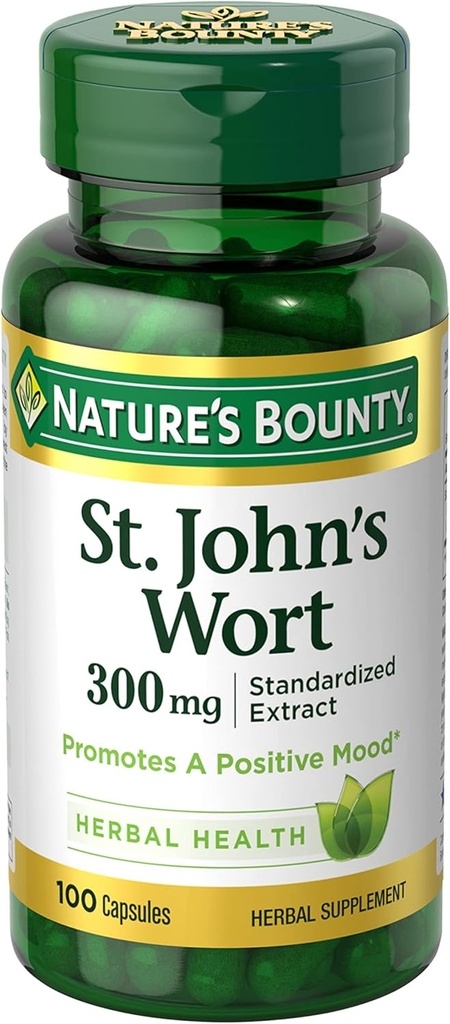 Nature 's Bounty St. John' s Wort 300mg kapsler, urtetilskud, fremmer et positivt mod, 100 kapsler