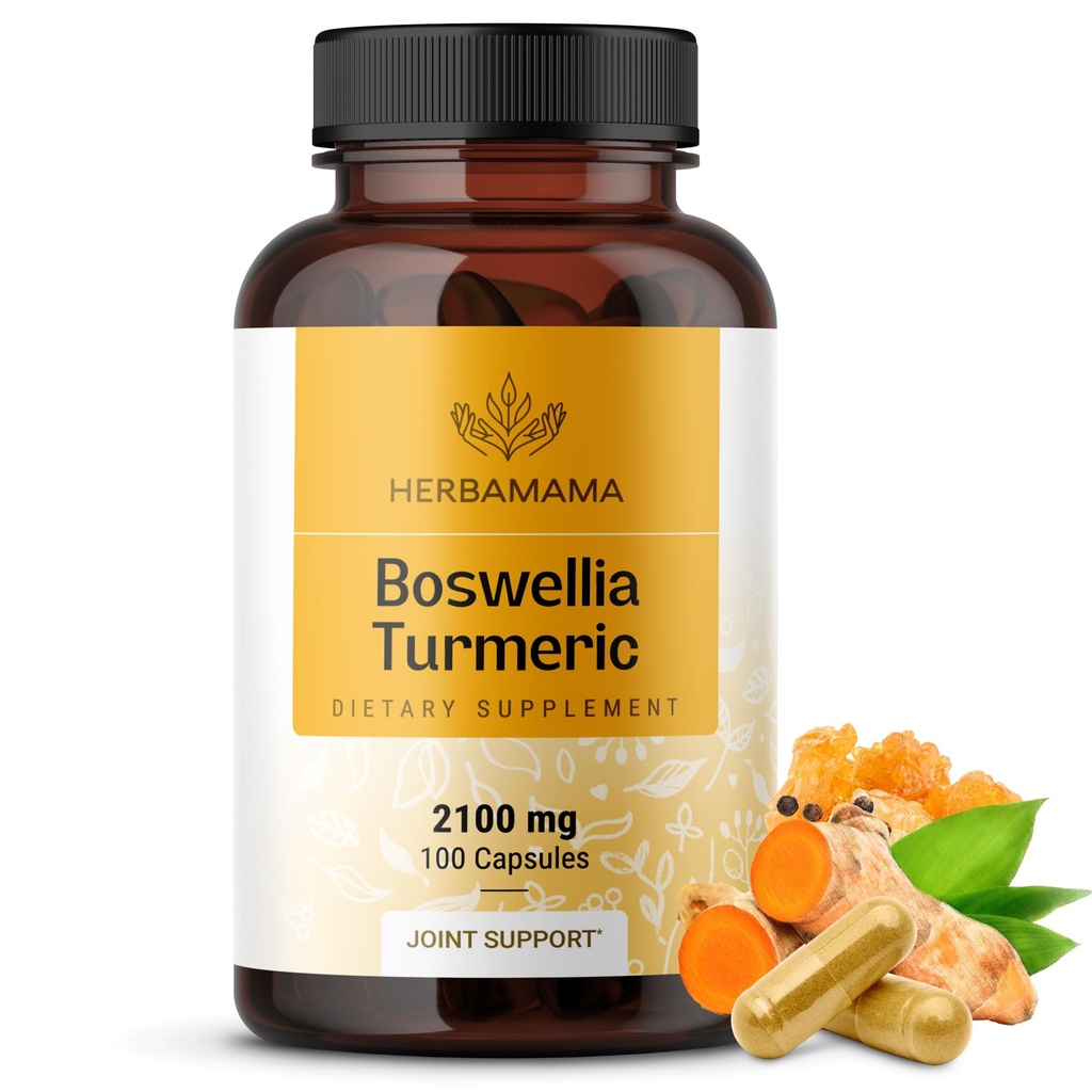 HERBAMAMA Gurkemeje og Boswellia Extract Kapsler - 2100mg Boswellia Serrata & Gurkemeje Complex med Sort Pepper Extract - Vegan, Non- GMO, 95% Curcuminoids Antioxidant Supplement, 100 Caps