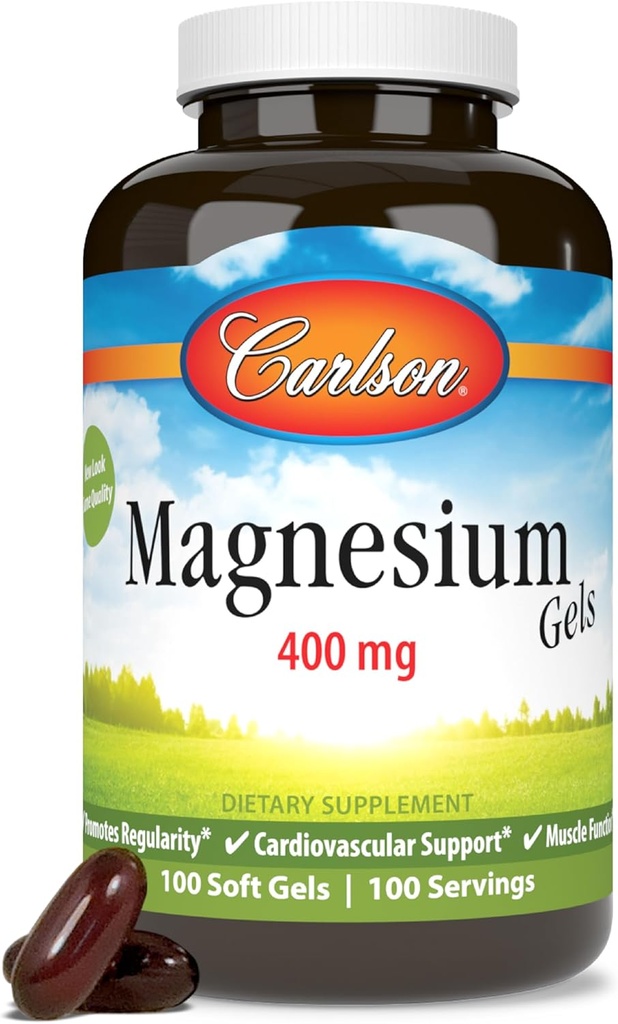 Carlson - Magnesium Gels, 400 mg Magnesium per Softgel, Heart & Muscle Support, Magnesium Gel Caps, tarmfunktion, Magnesium Supplement, 100 Softgel