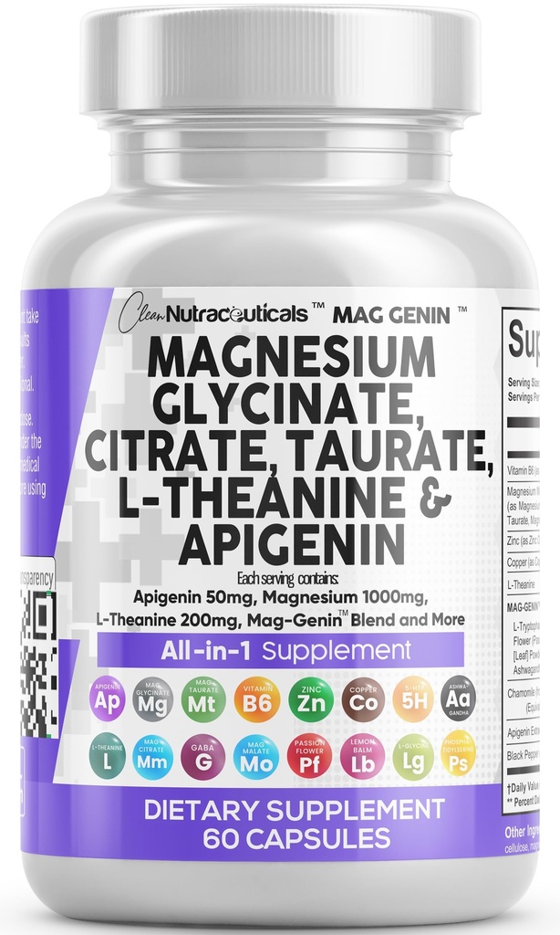 Renere nukleosteroider Magnesiumglycinat Complex 1000mg med L- Theanin 200mg Apigenin 50mg Citrat Taurat Supplement - 5- HTP GABA Passion Flower Lemon Balm L- Glycin Phosphatidylserin - 60 Tæl