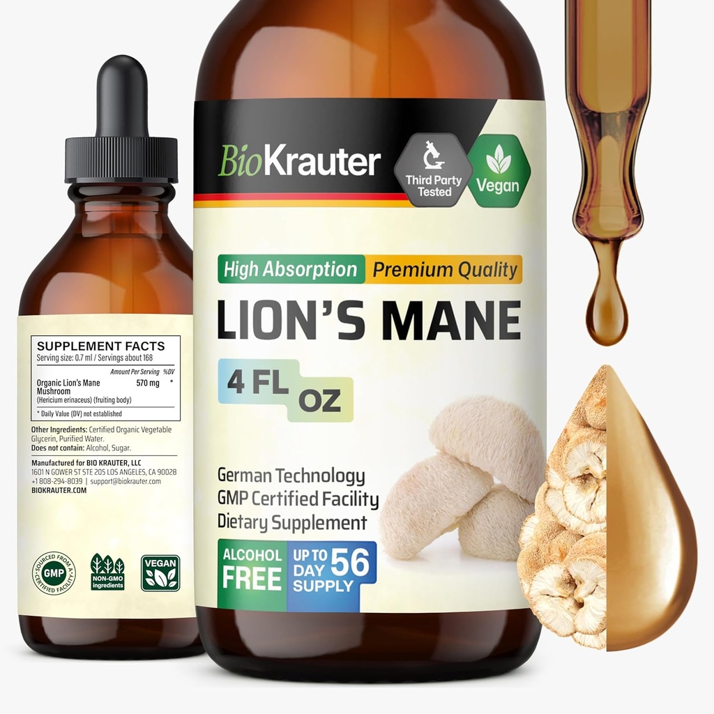 BIO KRAUTER Lions Mane Liquid Extract - Mushroom Supplement for Brain Support - Vegan Lions Mane Supplement - Alcohol & Sugar Free Drops - 4 Fl.Oz.