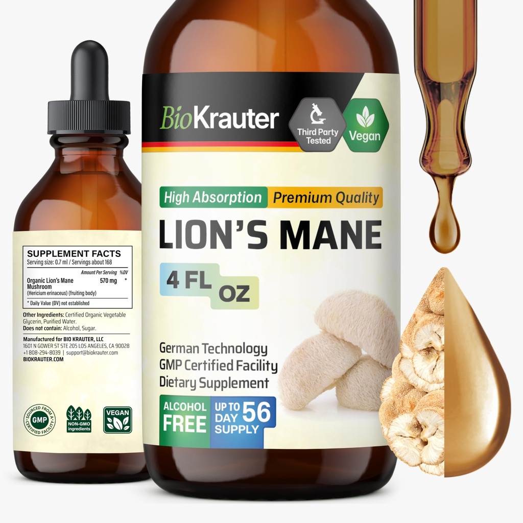 BIO KRAUTER Lions Mane Liquid Extract - Mushroom supplement til brain support - Vegan Lions Mane supplement - Alkohol & Sukker Free Drops - 4 Fl.Oz.
