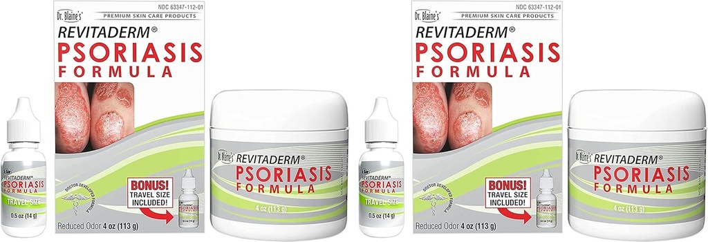 Dr. Blaine 's REVITADERM Psoriasis Formel - tematisk Cream med Coal Tar, Tea Tree Oil og Lavendel Oil til klør, Flaking, Dry, Cracked Skin Relief - 4 fl. oz. - Inkluderer rejse størrelse flaske (2 - Pack)